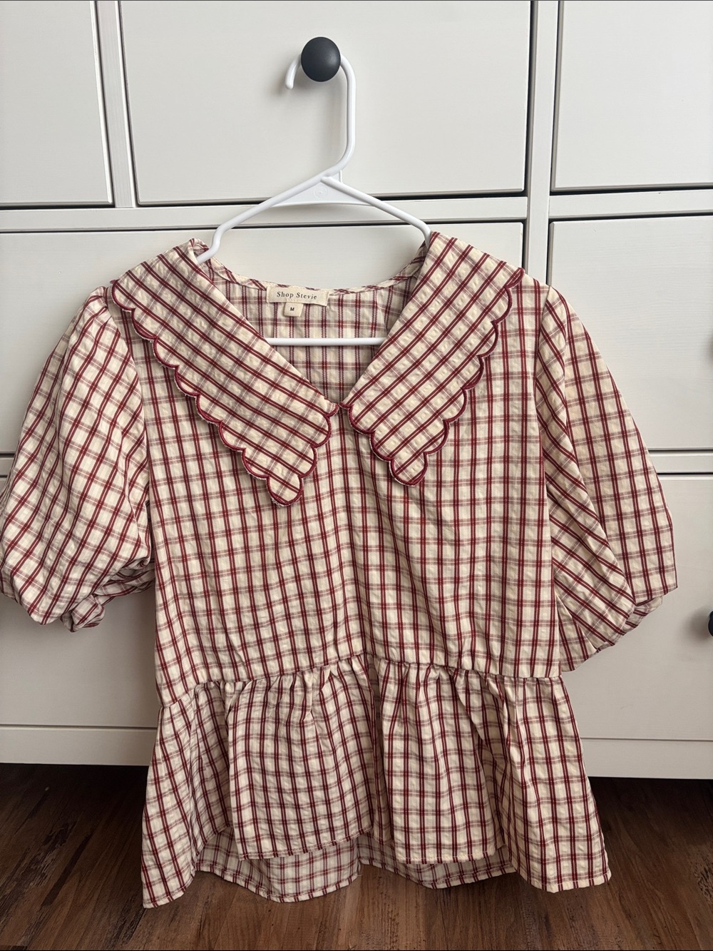 Shop Stevie Red and Cream Checked Peplum Blouse
